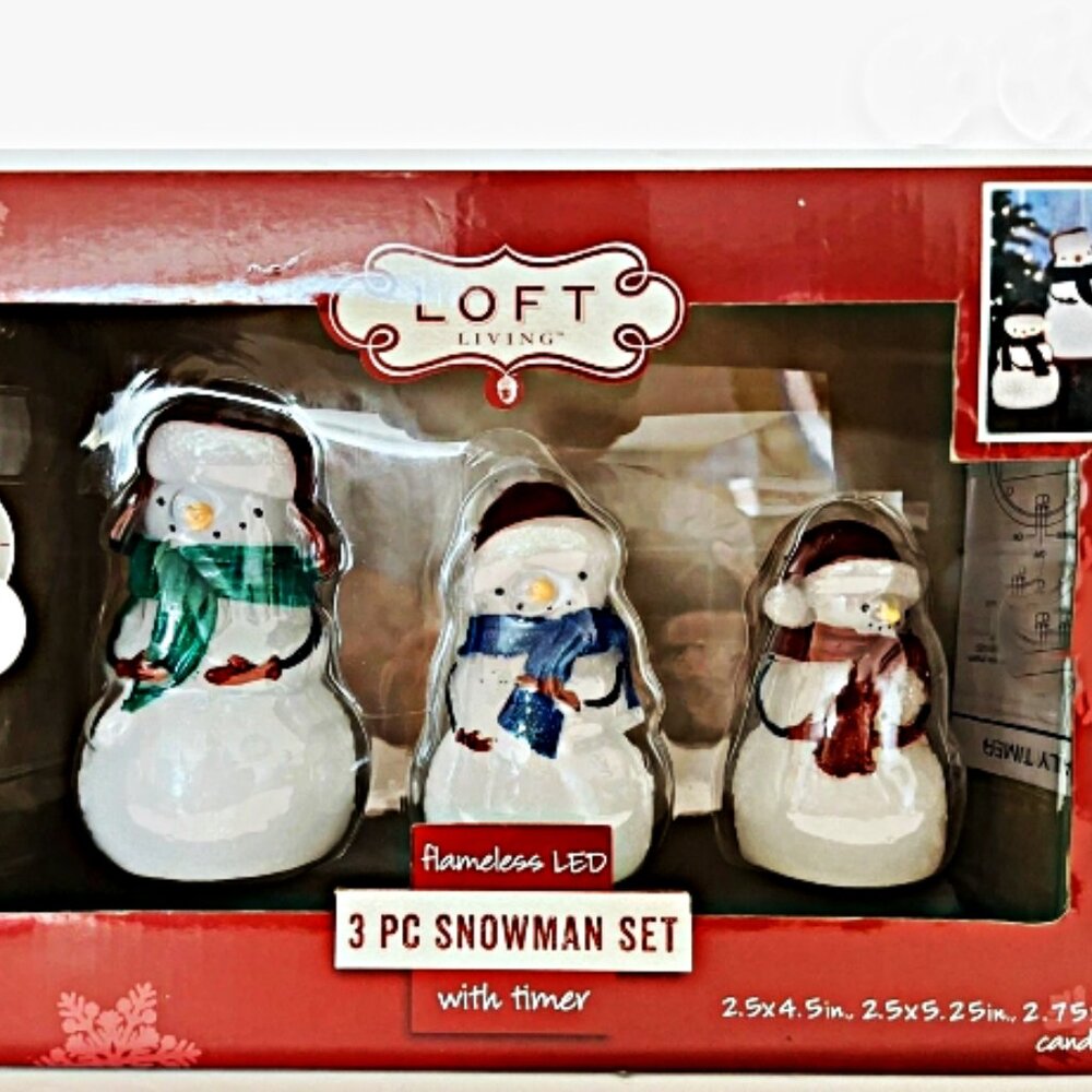 NWT Loft Living 3 Piece Snowman Set Flameless LED Candle Set w/Timer Christmas